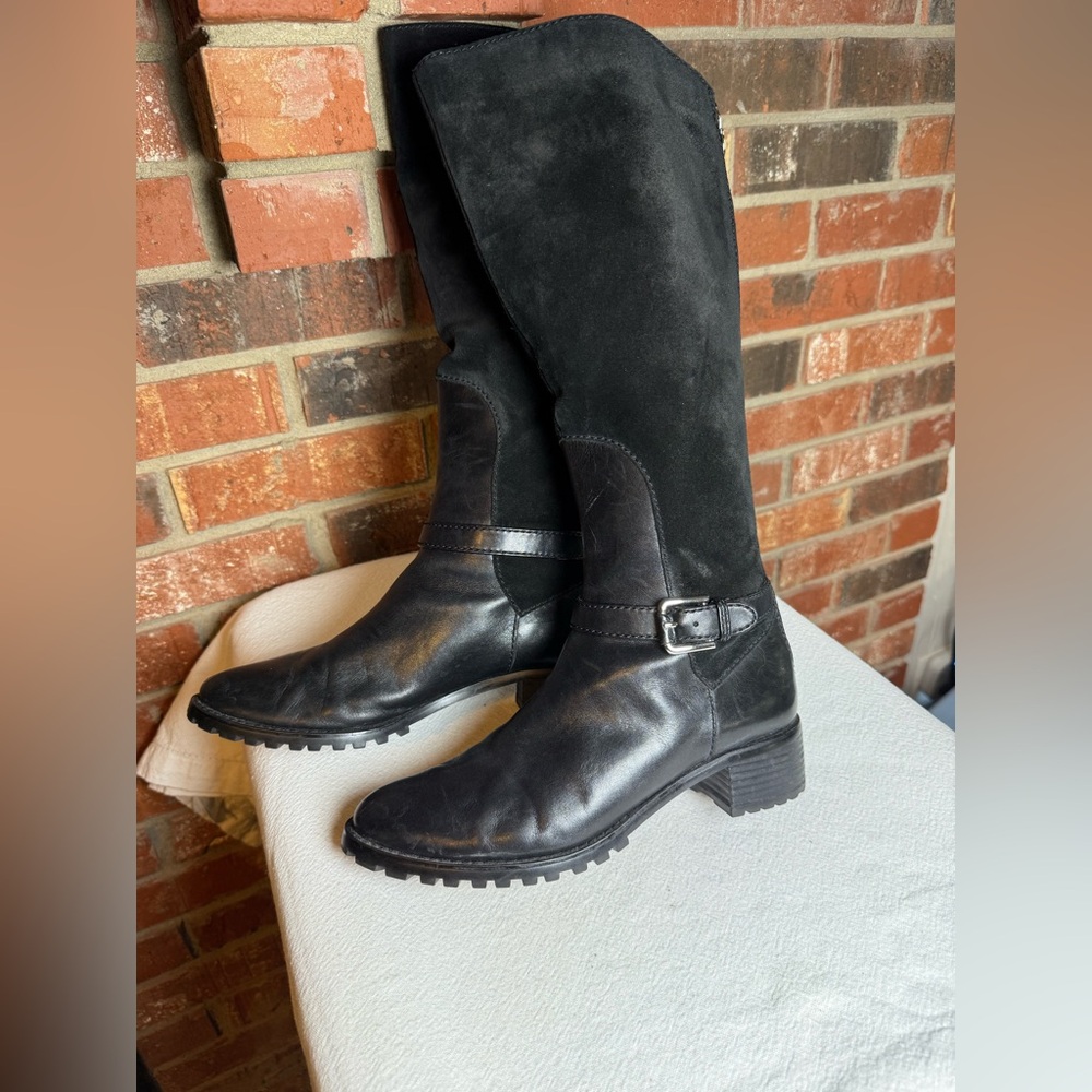 MOTO Lug Sole Etienne Aigner Knee High Black Suede Rear Zipper Boots Comfy Biker - Picture 3 of 7